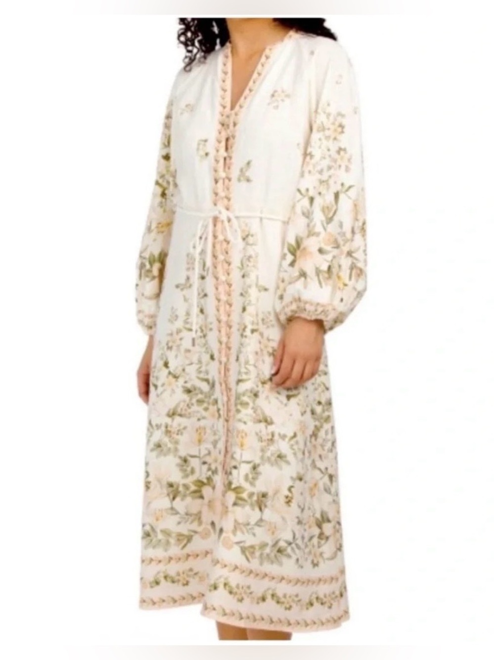 Calypso St Barth Boho Floral Midi Linen Dress in Cream Button Tie Front Small